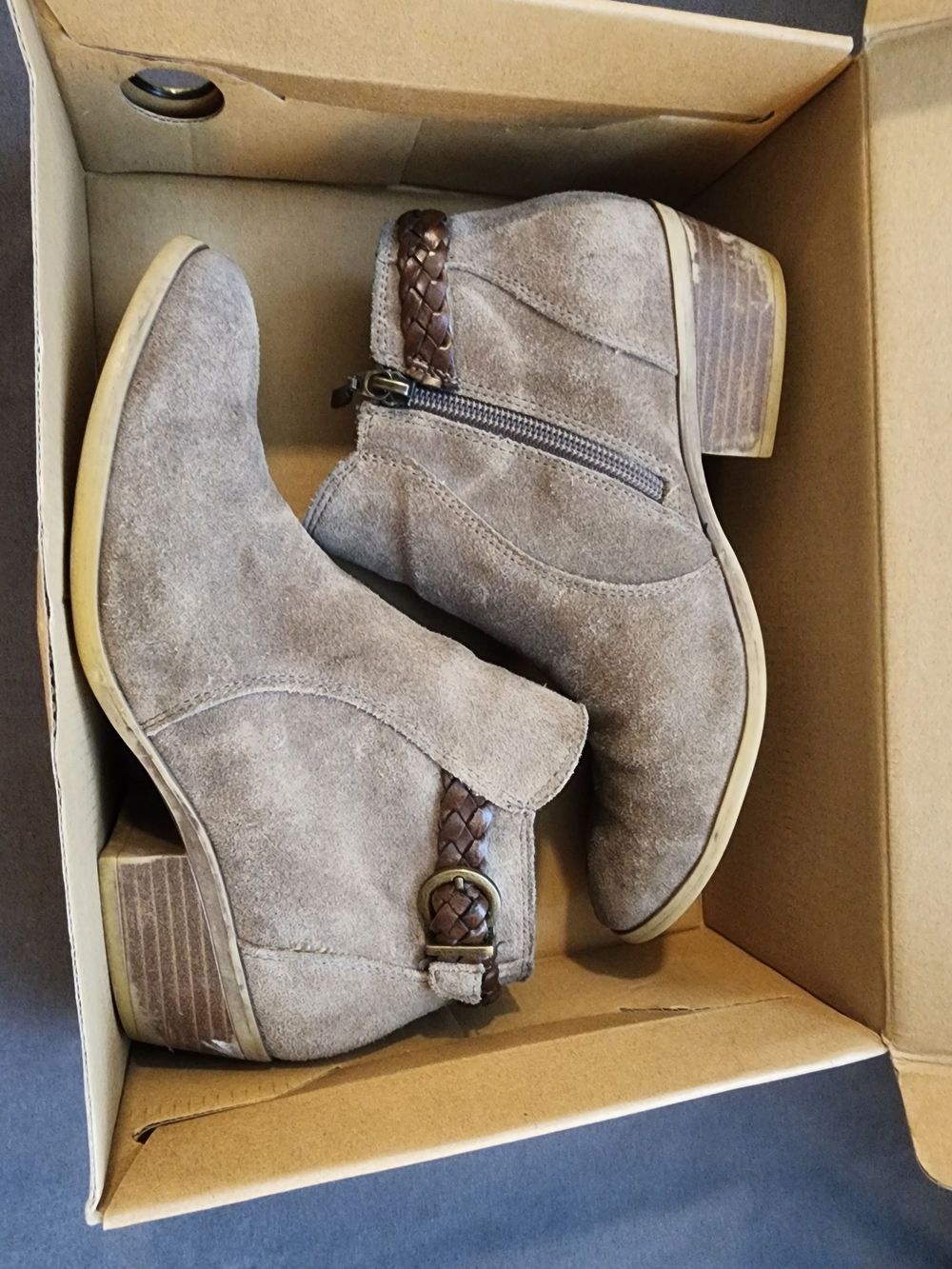 Bjorndal Taupe Suede Ankle Booties with Braided Strap Womens Size 7.5